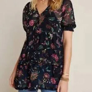 Anthropologie Salzburg Floral Sheer Tunic Blouse Dress Sz S